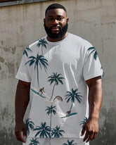 Big Men's Simple Fashion Coconut Trees Surfing Printed Hawaii Short Sleeve T-shirt Shorts Set